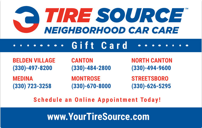 A tire source gift card is shown, which can be used for car repairs, oil changes, new tires and more. 